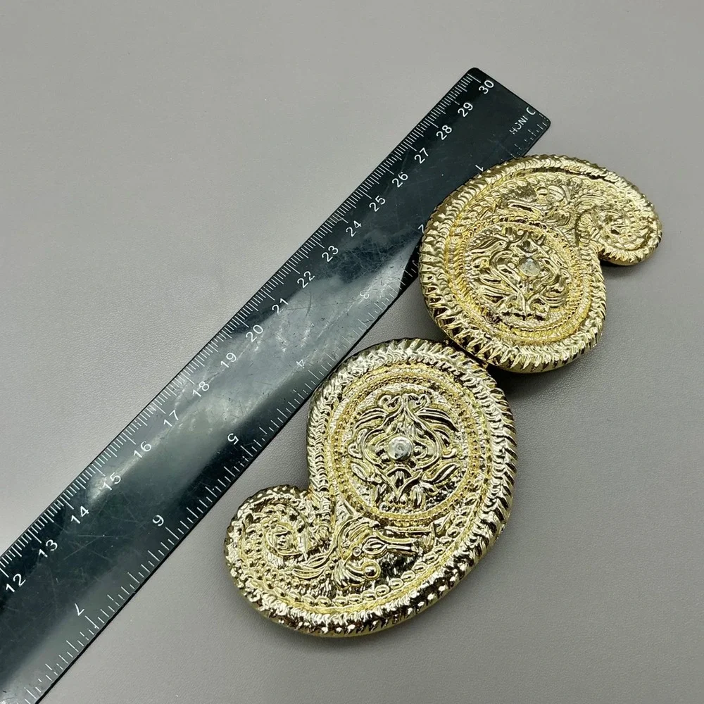 Belt Buckle Women Gold Tone Paisley Ornate Rhinestone Interlocking 5.5 Inch